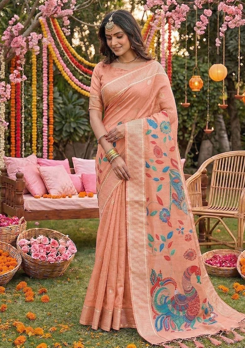 Pink Zari Work Linen Saree Set - Indya