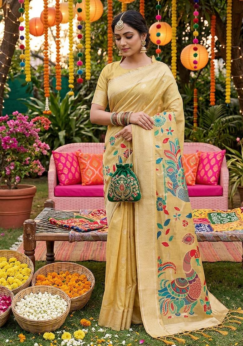 Yellow Zari Work Linen Saree Set - Indya