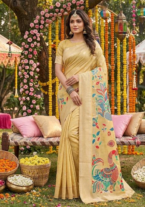Yellow Zari Work Linen Saree Set