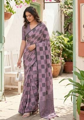 Lavender Zari Work Linen Saree Set
