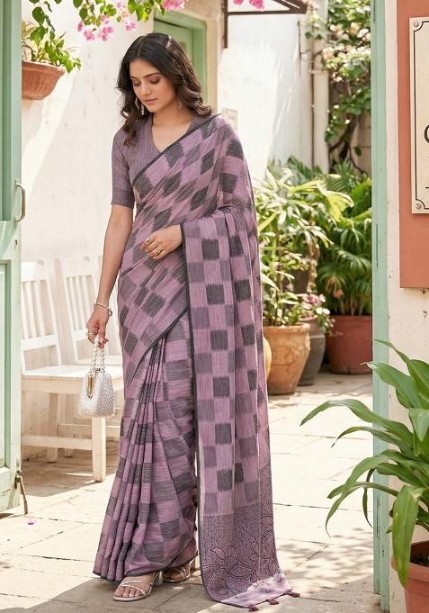 Lavender Zari Work Linen Saree Set
