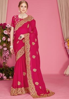 Magenta Embroidered Silk Blend Saree Set