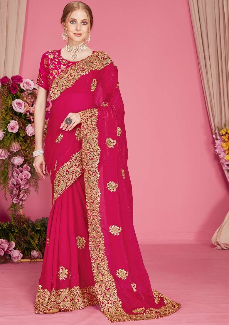 Magenta Silk Blend Saree Set with Embroidered for Diwali | Wedding & Festive Wear - Indya