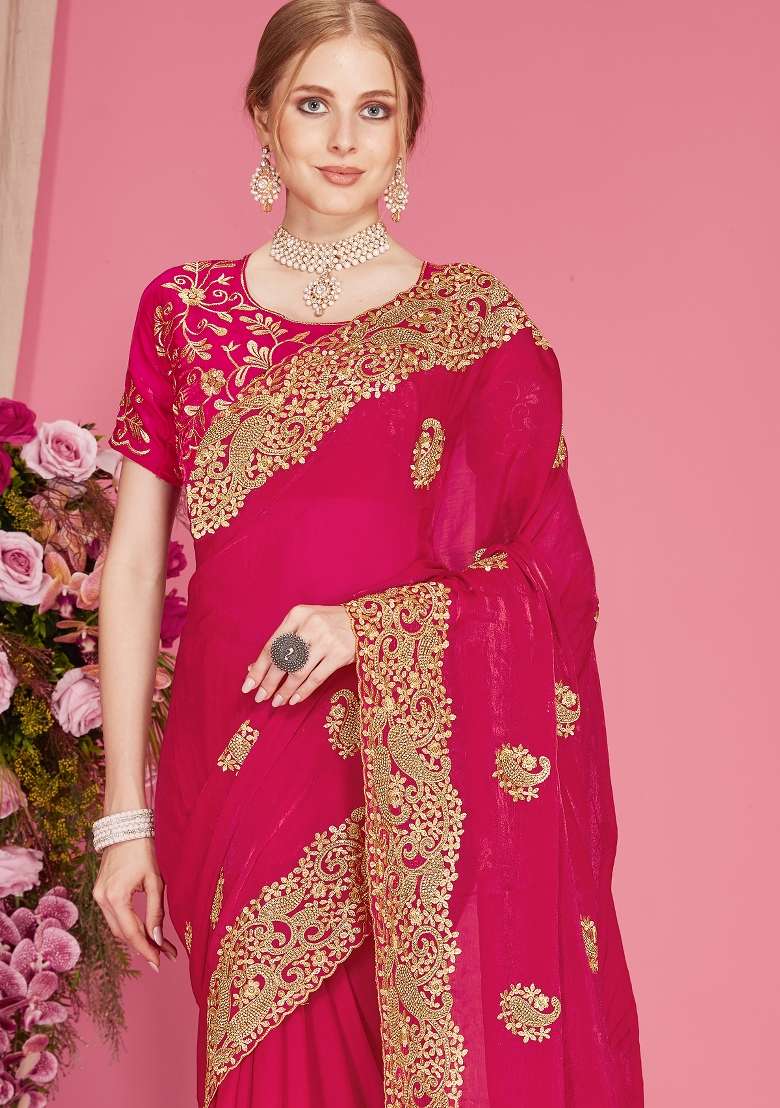 Magenta Silk Blend Saree Set with Embroidered for Diwali | Wedding & Festive Wear - Indya