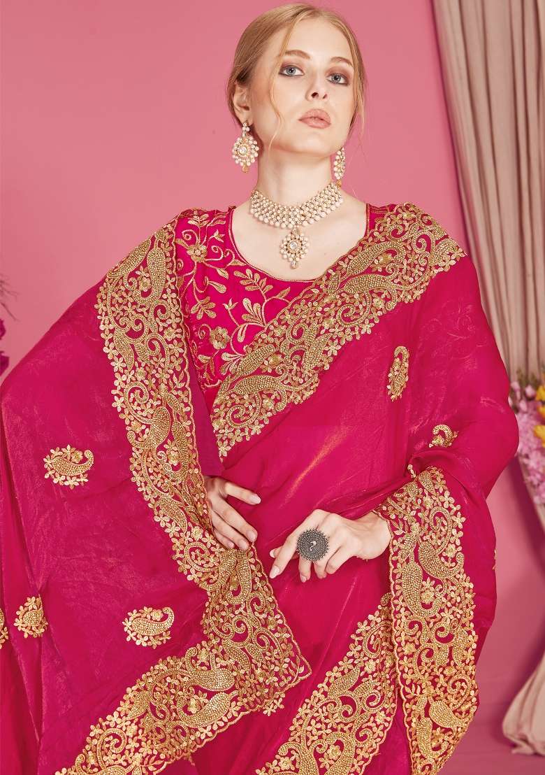 Magenta Silk Blend Saree Set with Embroidered for Diwali | Wedding & Festive Wear - Indya