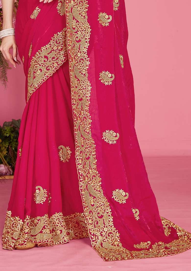 Magenta Silk Blend Saree Set with Embroidered for Diwali | Wedding & Festive Wear - Indya