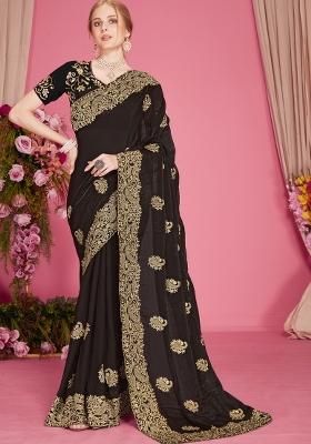 Black Embroidered Silk Blend Saree Set