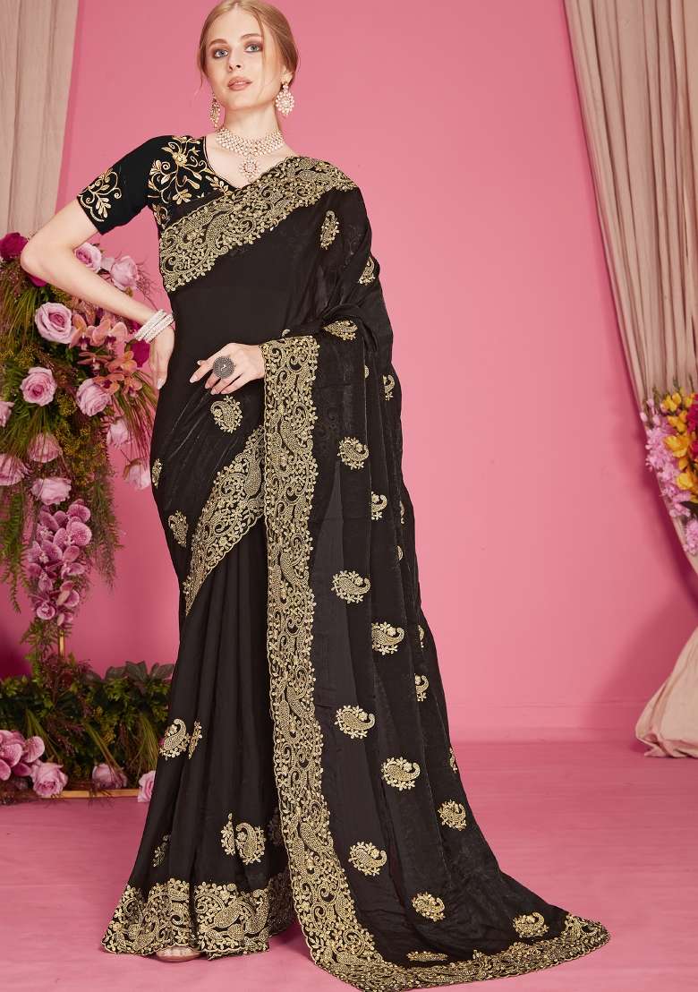 Black Embroidered Silk Blend Saree Set for Diwali and Festive Wear - Indya