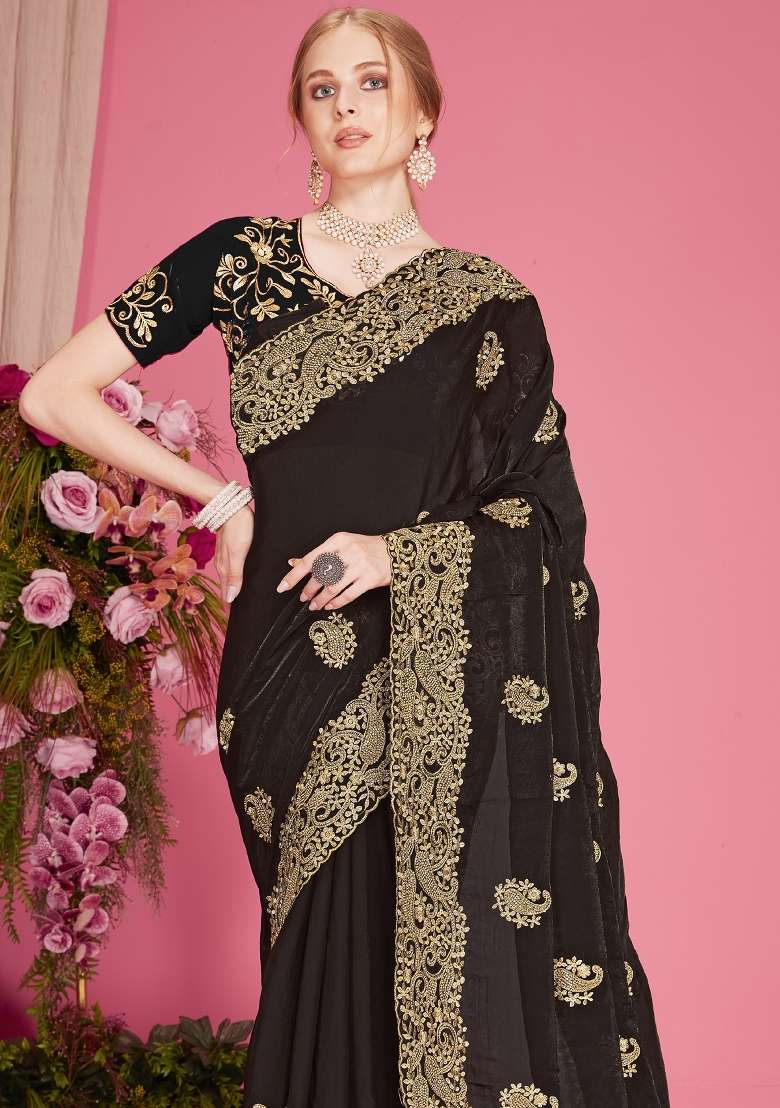 Black Embroidered Silk Blend Saree Set for Diwali and Festive Wear - Indya
