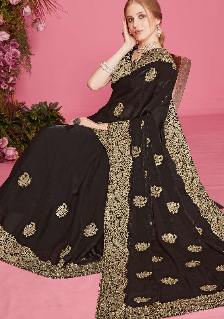 Black Embroidered Silk Blend Saree Set for Diwali and Festive Wear - Indya