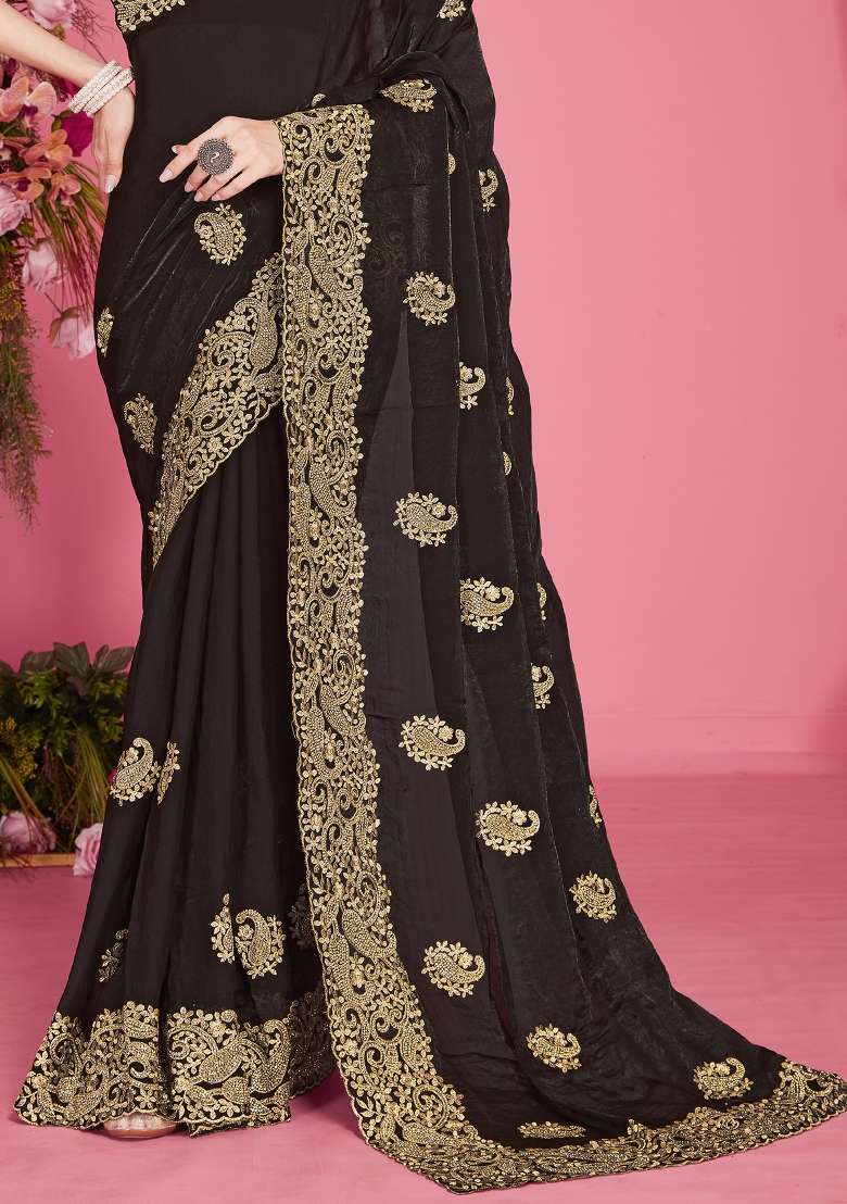 Black Embroidered Silk Blend Saree Set for Diwali and Festive Wear - Indya
