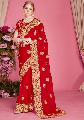 Red Embroidered Silk Blend Saree Set