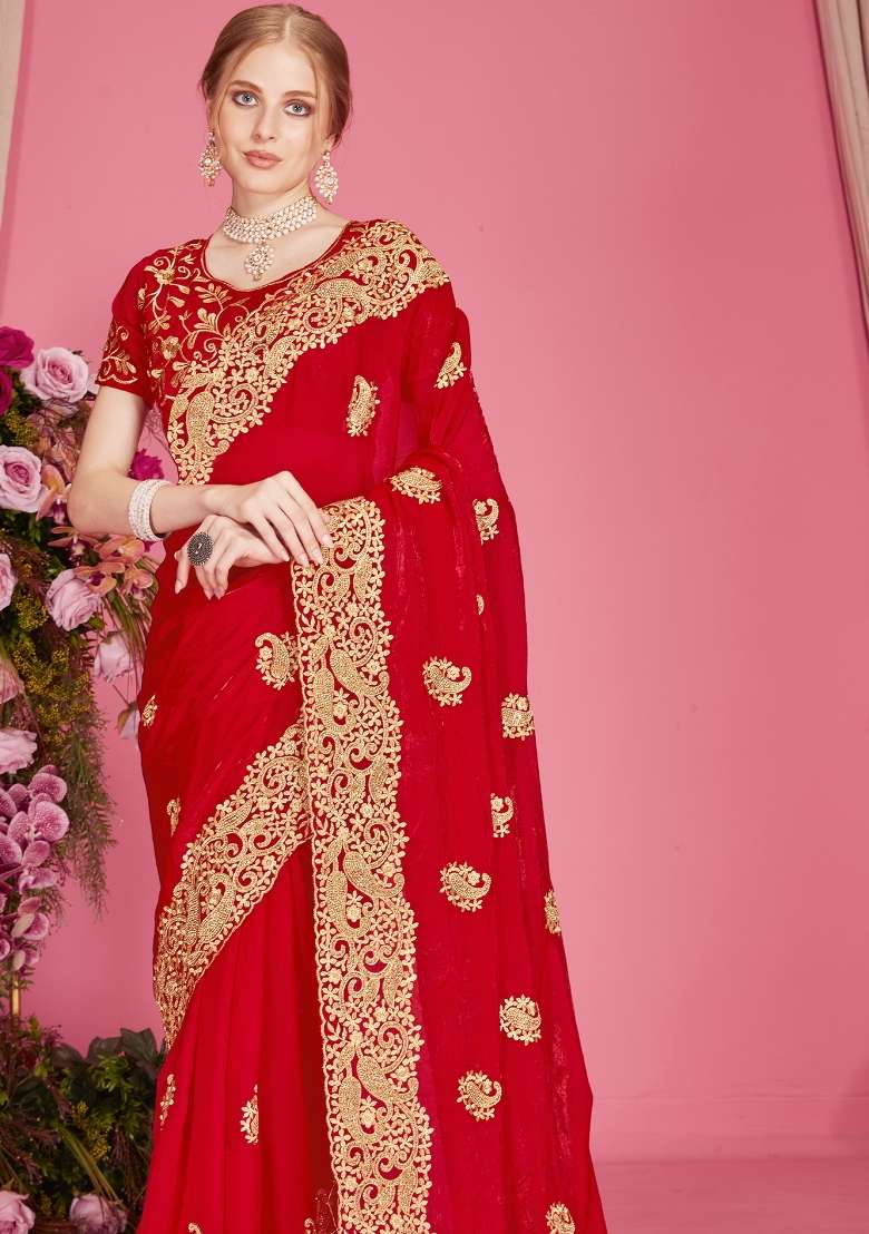 Red Silk Blend Saree Set with Embroidered for Diwali | Wedding & Festive Wear - Indya