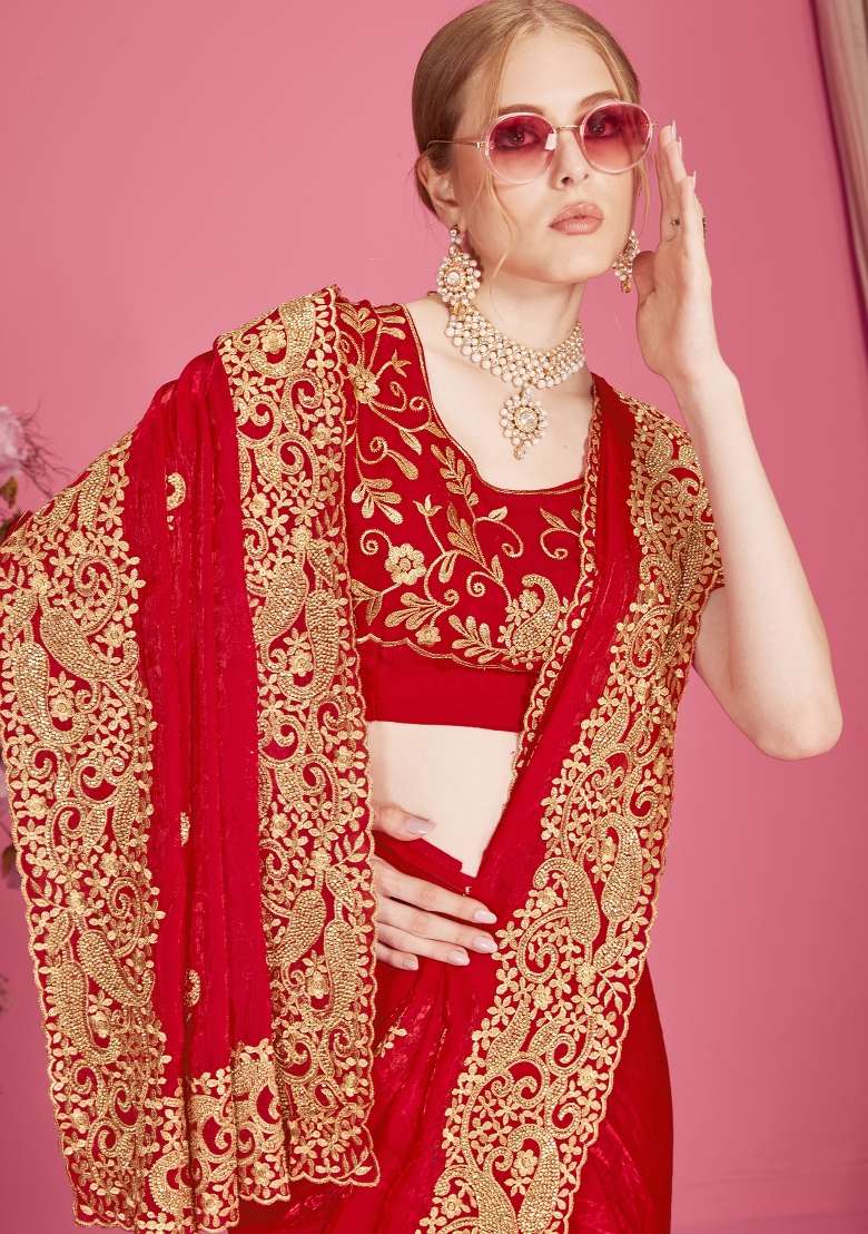 Red Silk Blend Saree Set with Embroidered for Diwali | Wedding & Festive Wear - Indya
