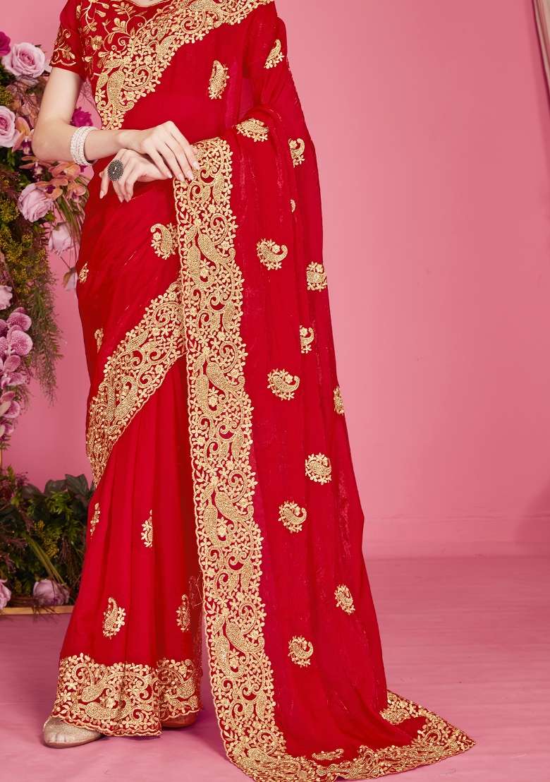 Red Silk Blend Saree Set with Embroidered for Diwali | Wedding & Festive Wear - Indya