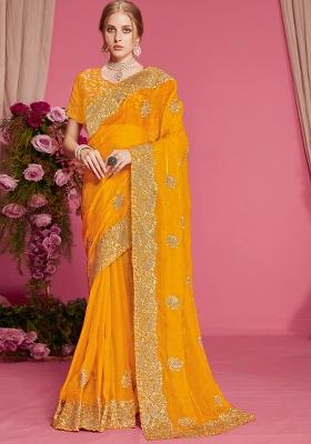 Mustard Embroidered Silk Blend Saree Set