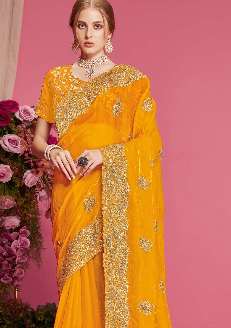 Mustard Embroidered Silk Blend Saree Set for Diwali and Festive Wear - Indya