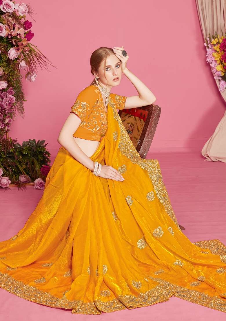 Mustard Embroidered Silk Blend Saree Set for Diwali and Festive Wear - Indya