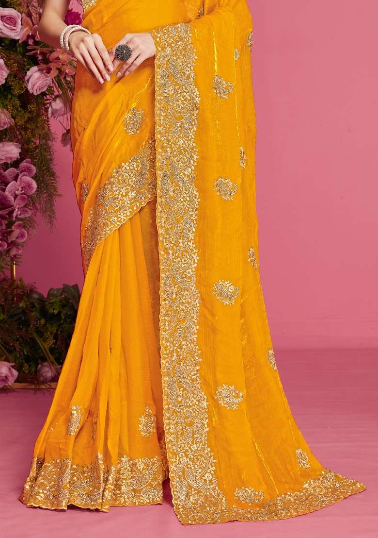 Mustard Embroidered Silk Blend Saree Set for Diwali and Festive Wear - Indya