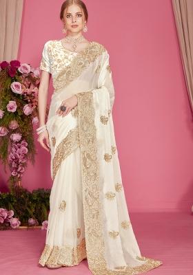 White Embroidered Silk Blend Saree Set