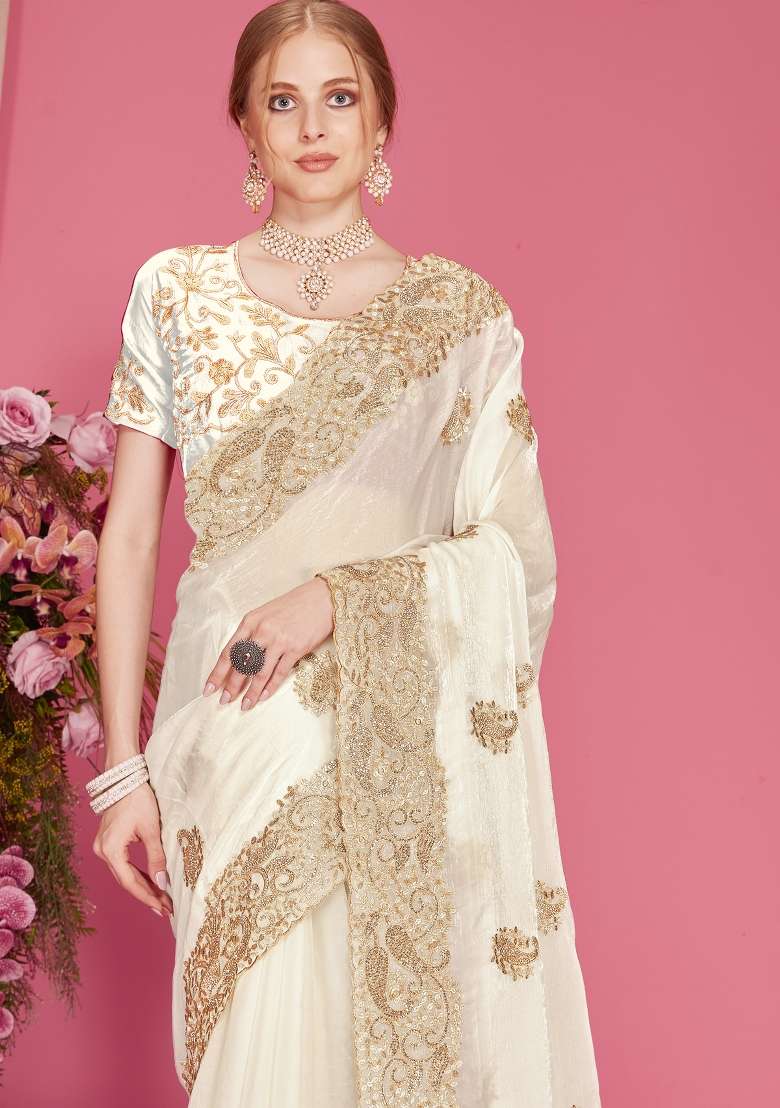 White Silk Blend Saree Set with Embroidered for Diwali | Wedding & Festive Wear - Indya