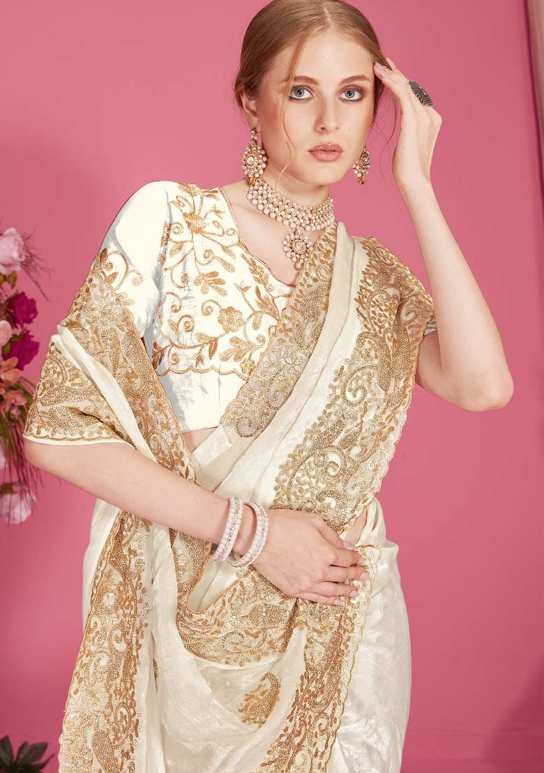 White Silk Blend Saree Set with Embroidered for Diwali | Wedding & Festive Wear - Indya