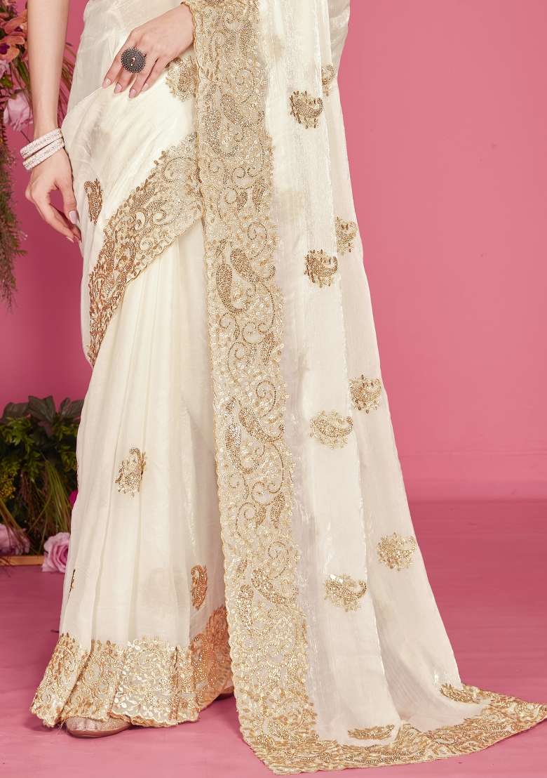White Silk Blend Saree Set with Embroidered for Diwali | Wedding & Festive Wear - Indya
