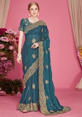 Teal Blue Embroidered Silk Blend Saree Set