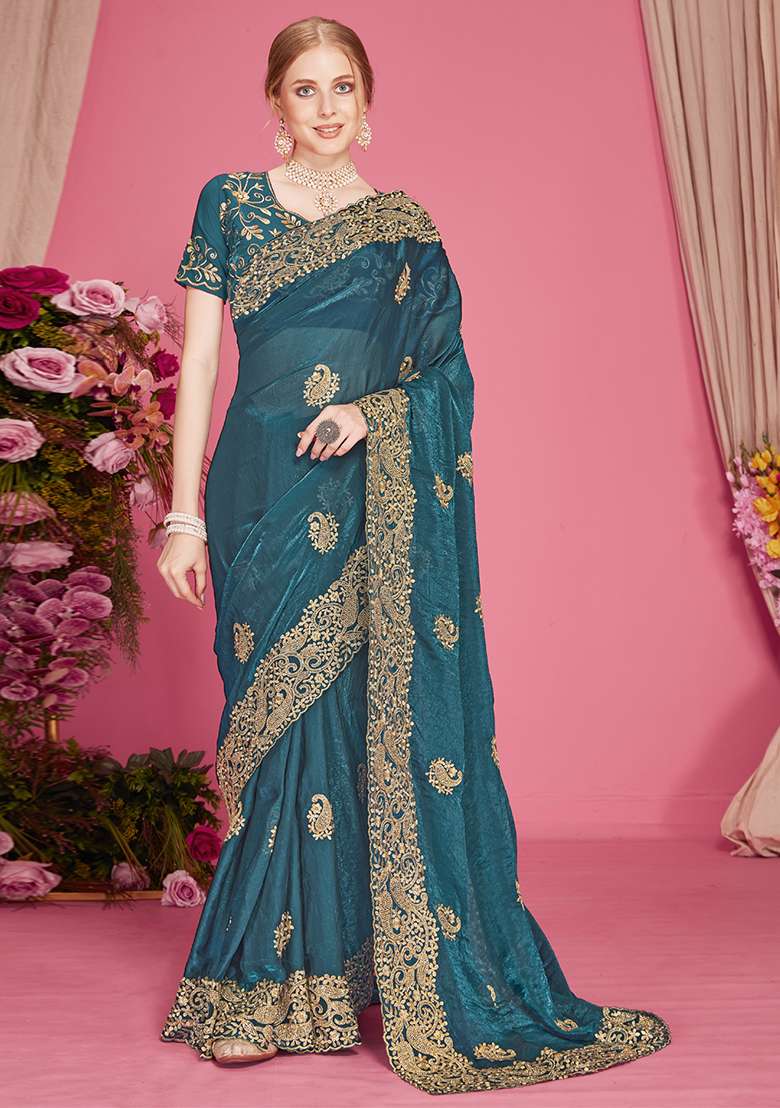 Teal Blue Embroidered Silk Blend Saree Set for Diwali and Festive Wear - Indya