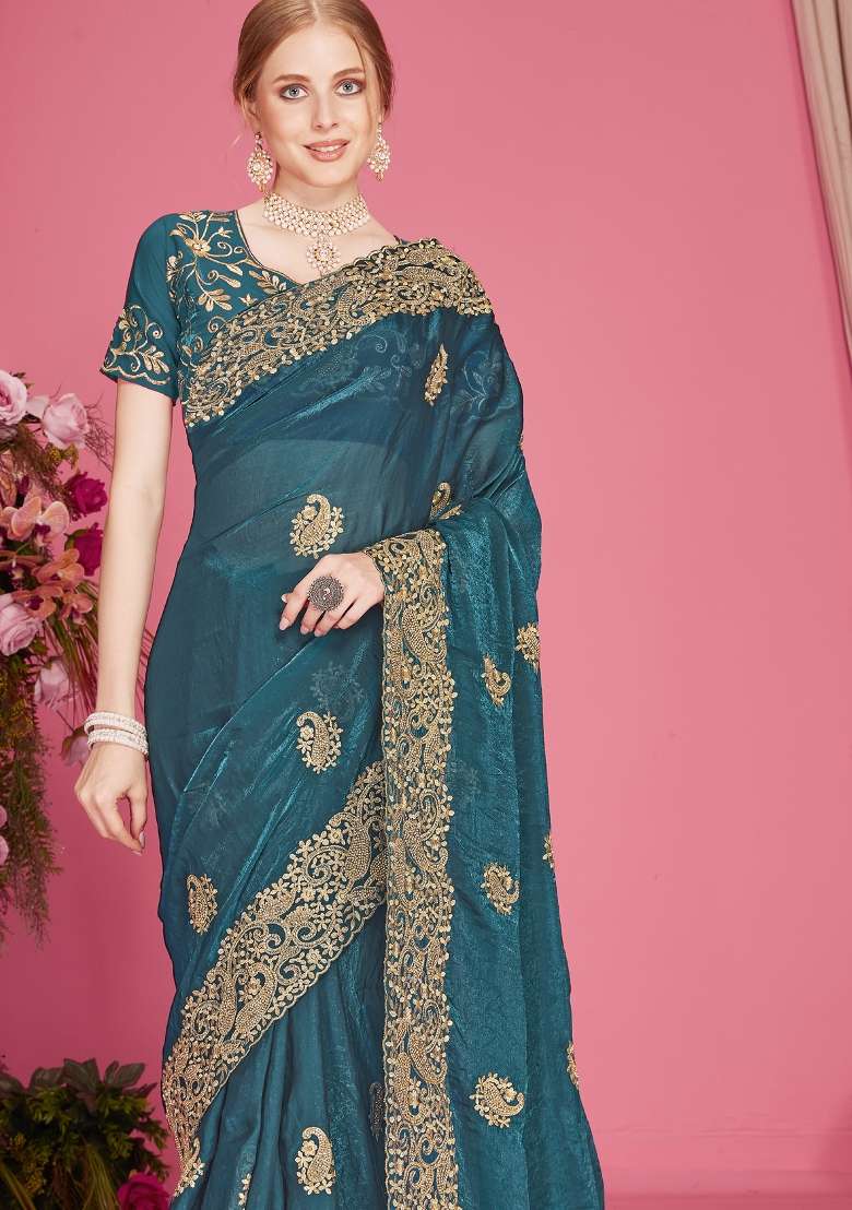 Teal Blue Embroidered Silk Blend Saree Set for Diwali and Festive Wear - Indya