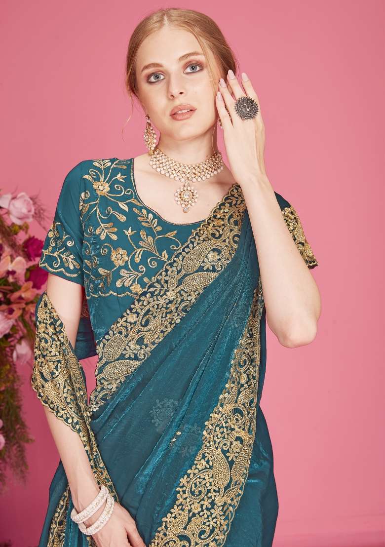 Teal Blue Embroidered Silk Blend Saree Set for Diwali and Festive Wear - Indya