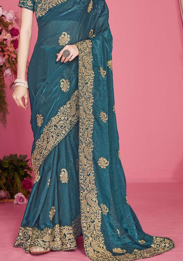Teal Blue Embroidered Silk Blend Saree Set for Diwali and Festive Wear - Indya