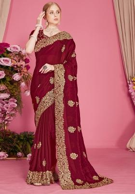 Maroon Embroidered Silk Blend Saree Set