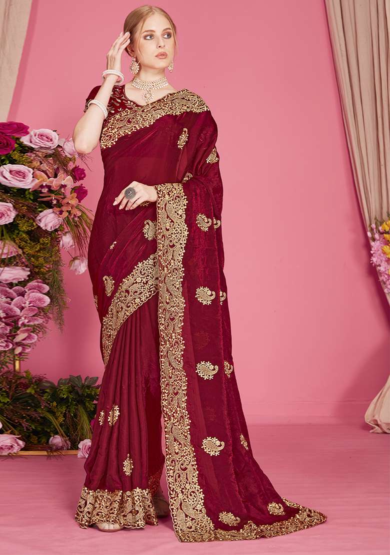 Maroon Silk Blend Saree Set with Embroidered for Diwali | Wedding & Festive Wear - Indya