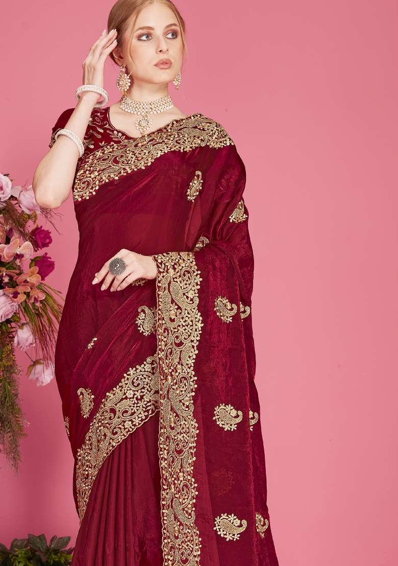 Maroon Silk Blend Saree Set with Embroidered for Diwali | Wedding & Festive Wear - Indya