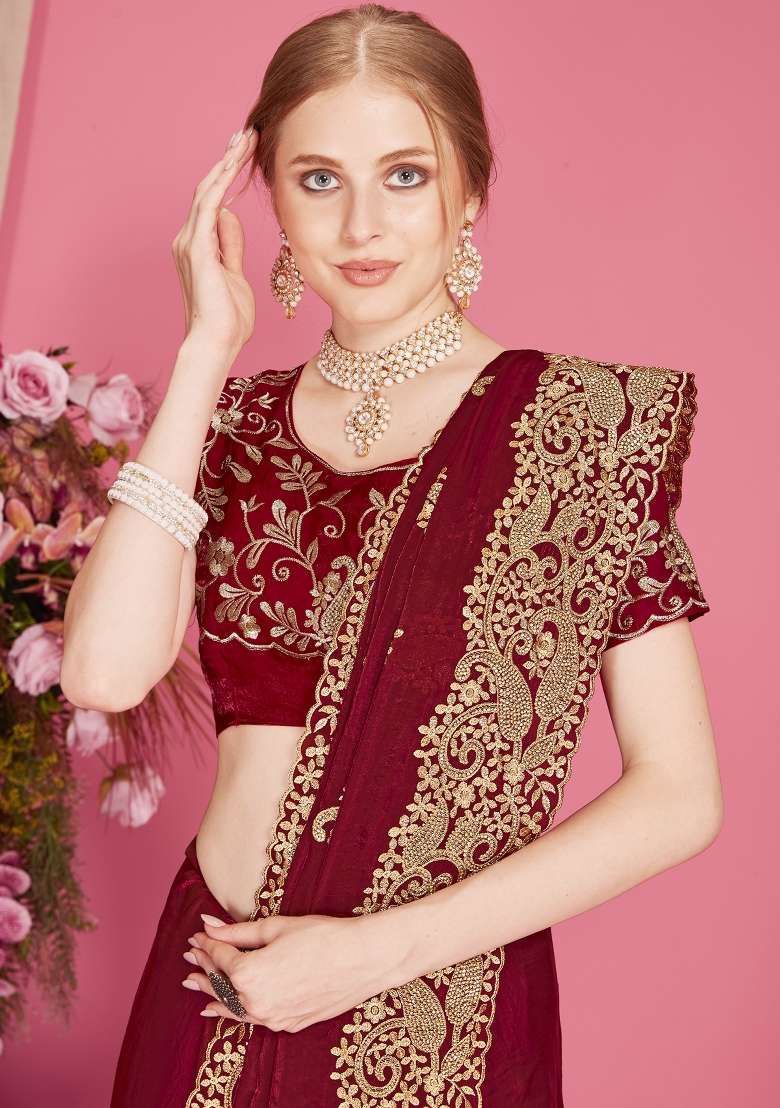 Maroon Silk Blend Saree Set with Embroidered for Diwali | Wedding & Festive Wear - Indya