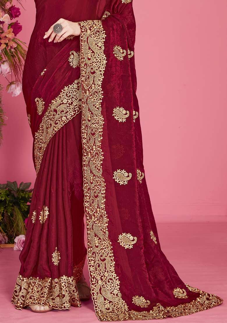 Maroon Silk Blend Saree Set with Embroidered for Diwali | Wedding & Festive Wear - Indya
