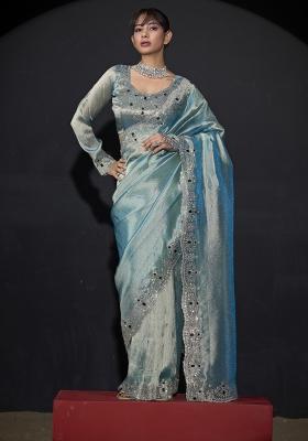 Sky Blue Pattern Work Silk Blend Saree Set