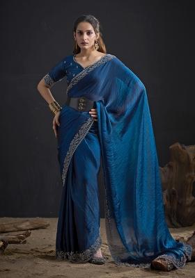 Morpeach Pattern Work Silk Blend Saree Set