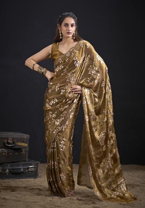 Golden Pattern Work Silk Blend Saree Set