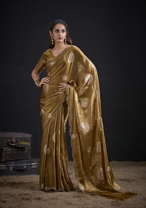 Golden Pattern Work Silk Blend Saree Set