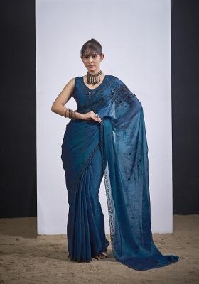 Morpeach Pattern Work Silk Blend Saree Set