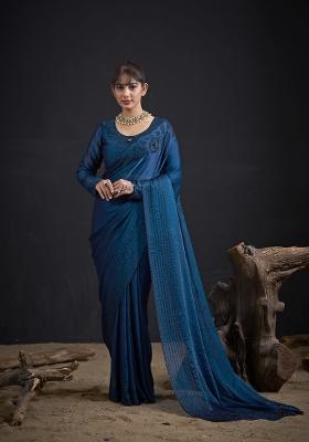 Morpeach Pattern Work Silk Blend Saree Set