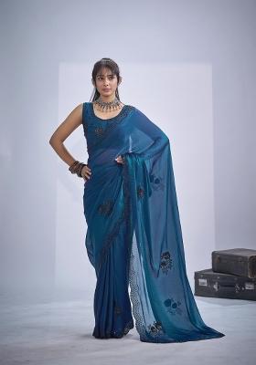 Morpeach Pattern Work Silk Blend Saree Set