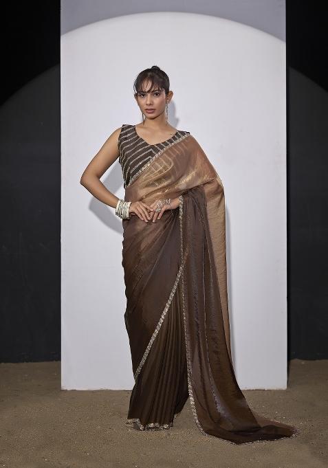 Golden And Brown Pattern Work Silk Blend Saree Set