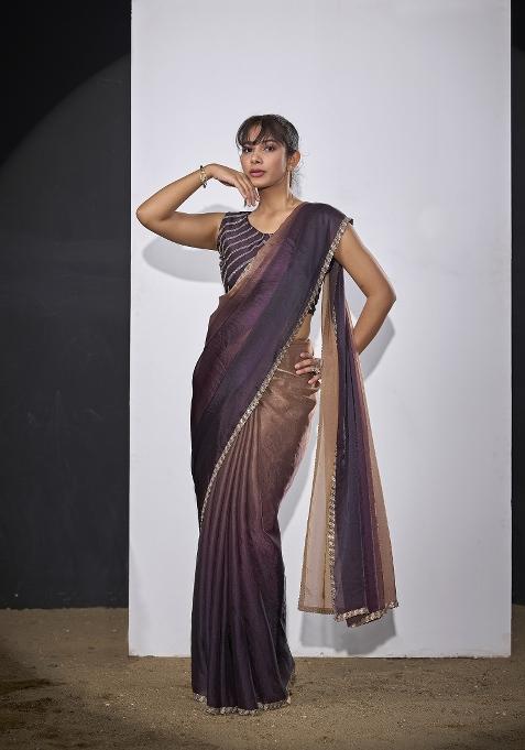 Golden And Purple Pattern Work Silk Blend Saree Set