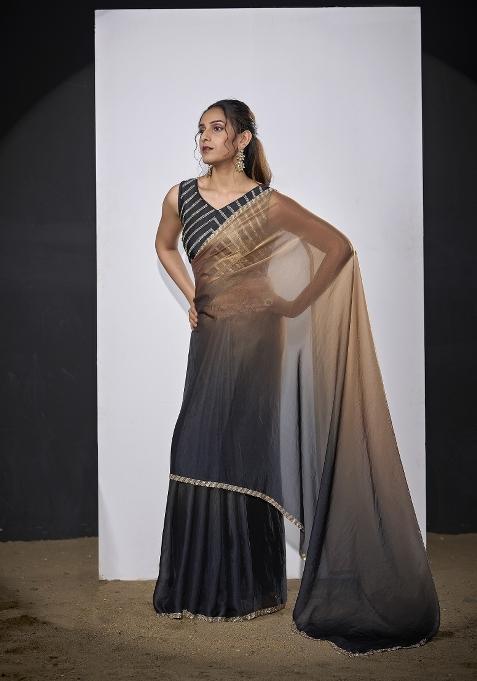 Golden And Dark Grey Pattern Work Silk Blend Saree Set