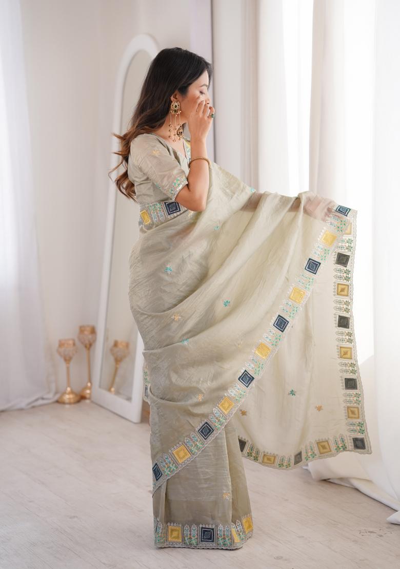 Pista Zari Work Gold Crush Saree Set - Indya