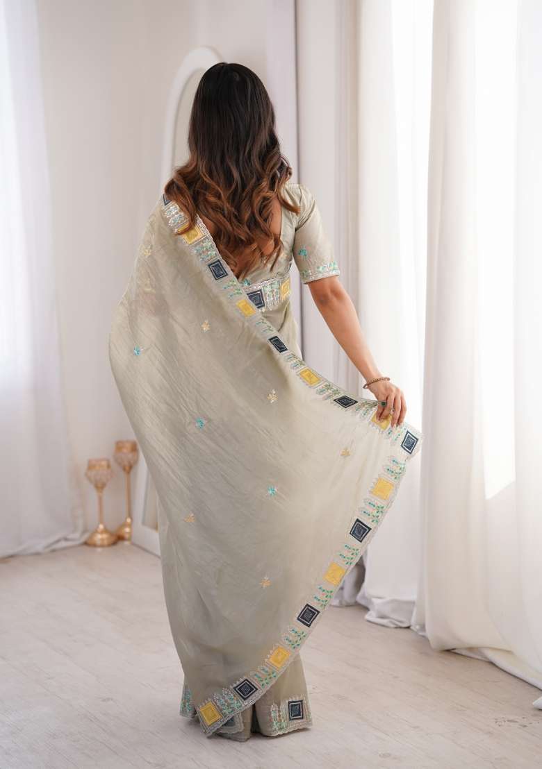 Pista Zari Work Gold Crush Saree Set for Diwali and Festive Wear - Indya