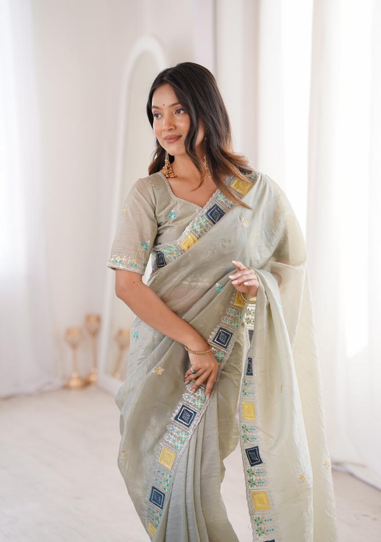Pista Zari Work Gold Crush Saree Set - Indya